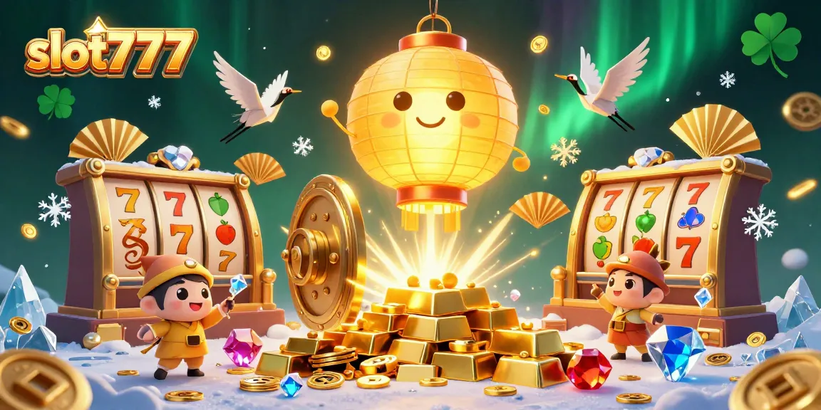 Experience the excitement of slot777 with a vibrant casino scene filled with treasures and lucky symbols.