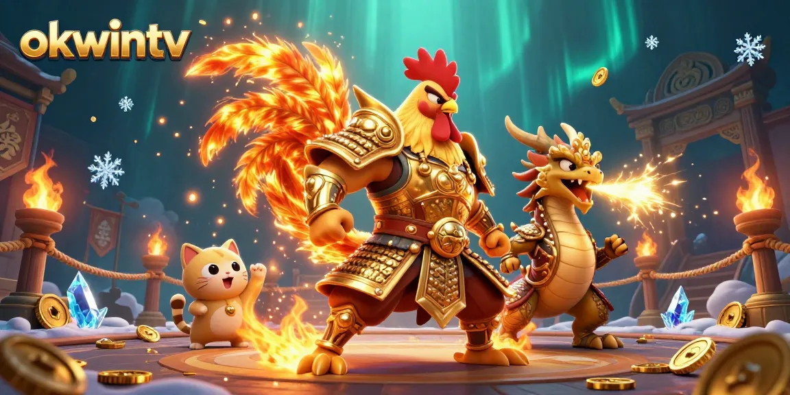 Experience exhilarating gameplay with okwintv, featuring a fighting rooster and dragon in a dynamic casino arena.