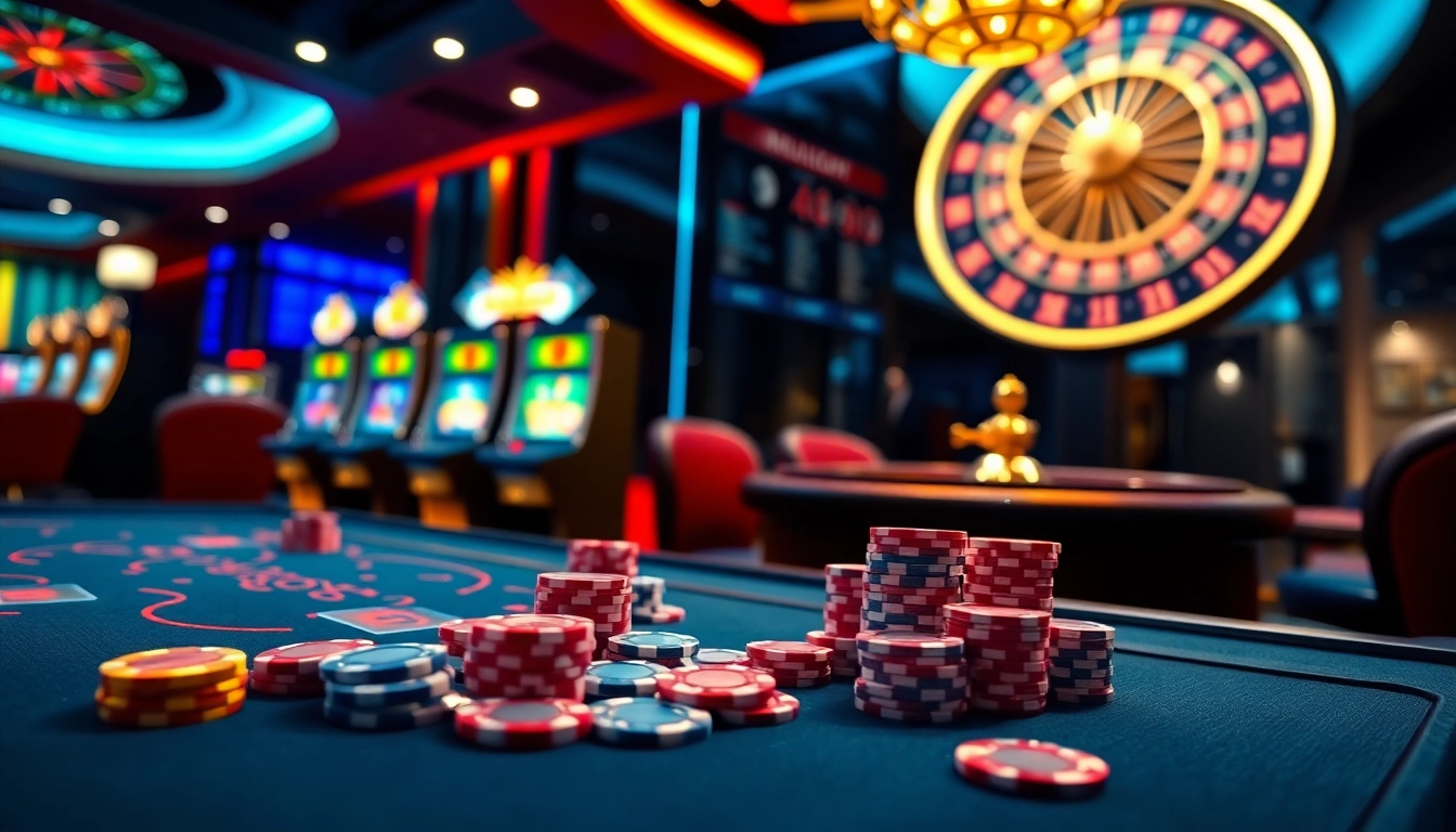 Experience thrilling gambling at https://23win.autos/ with a vibrant online casino scene featuring poker chips and slot machines.