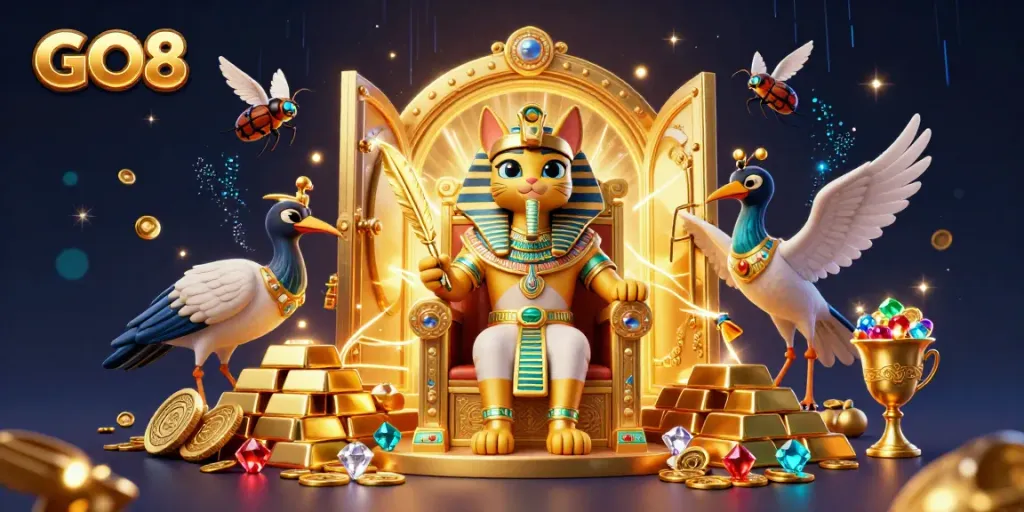 Join the GO8 excitement with pharaoh cat and treasures in a vibrant casino scene.