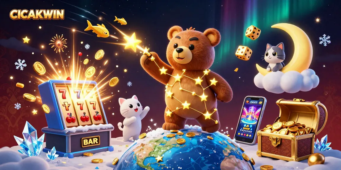 CICAKWIN brings exciting slot games to life with a whimsical 3D bear and dazzling casino elements.