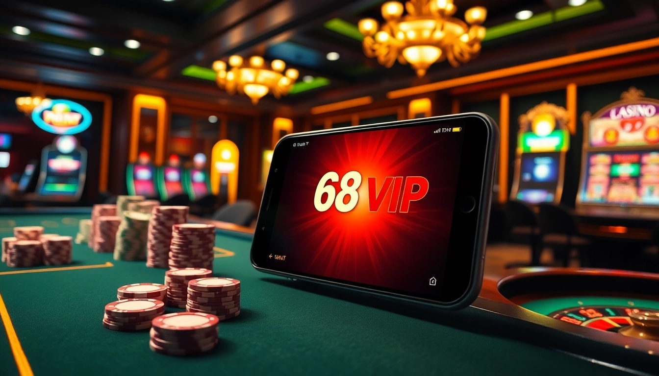 Tải App Nhà Cái 68VIP with a smartphone displaying the app amidst vibrant casino elements.
