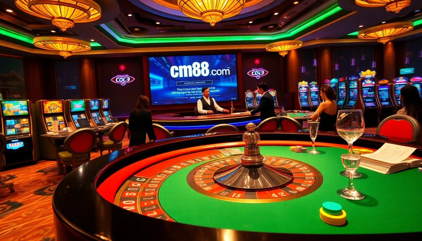 Engaging players at cm88 com casino table with vibrant poker chips and roulette wheel.