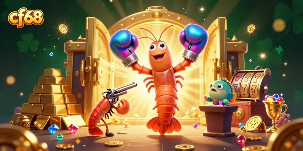 Join the fun at cf68 with a vibrant casino-themed 3D scene featuring lucky symbols and treasures!