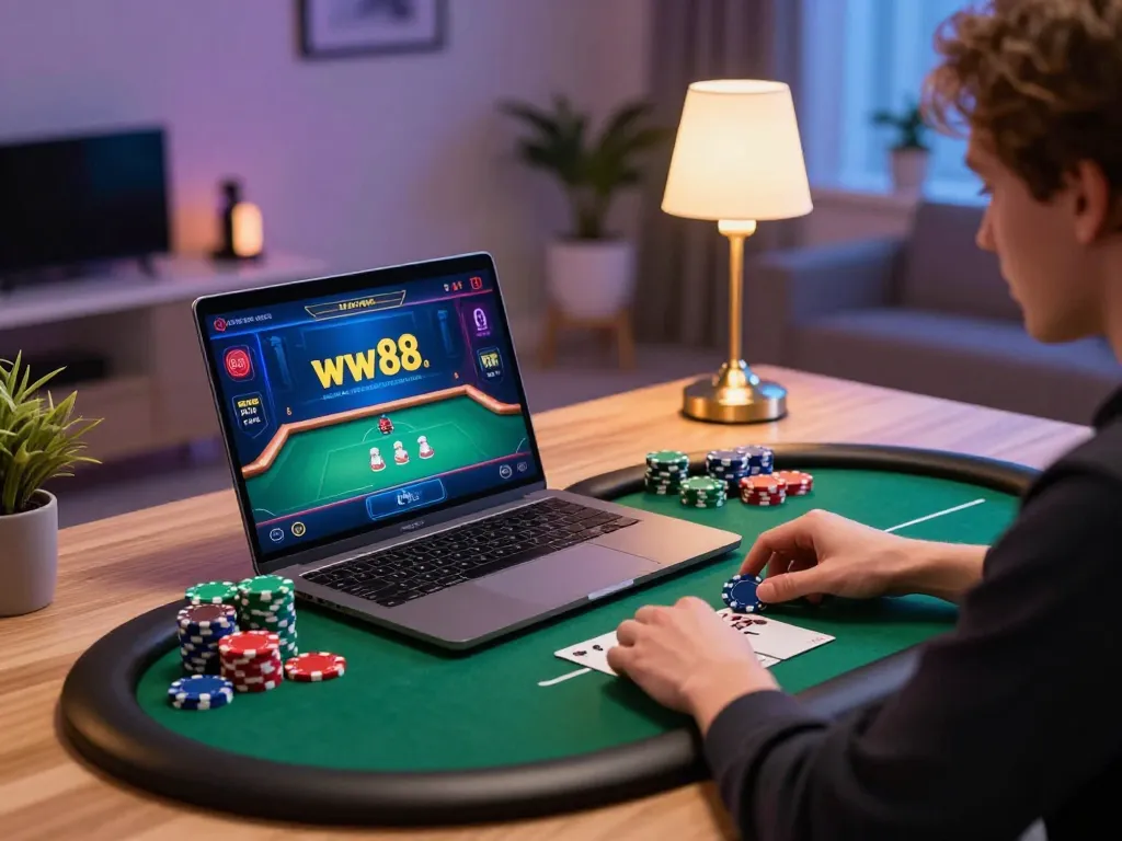 Engaging online poker gameplay at ww88 with colorful chips and modern setup