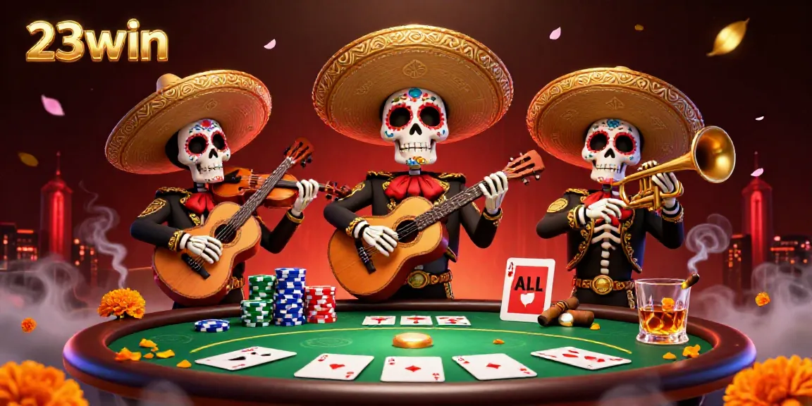 Experience thrilling poker action at 23win with a colorful mariachi band in a vibrant casino setting.