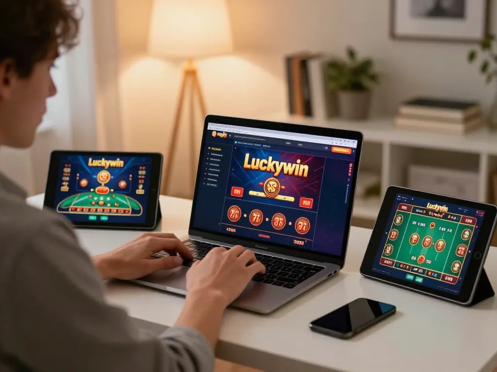 Engaging in strategic gameplay on Luckywin online casino platform from a comfortable home setup.