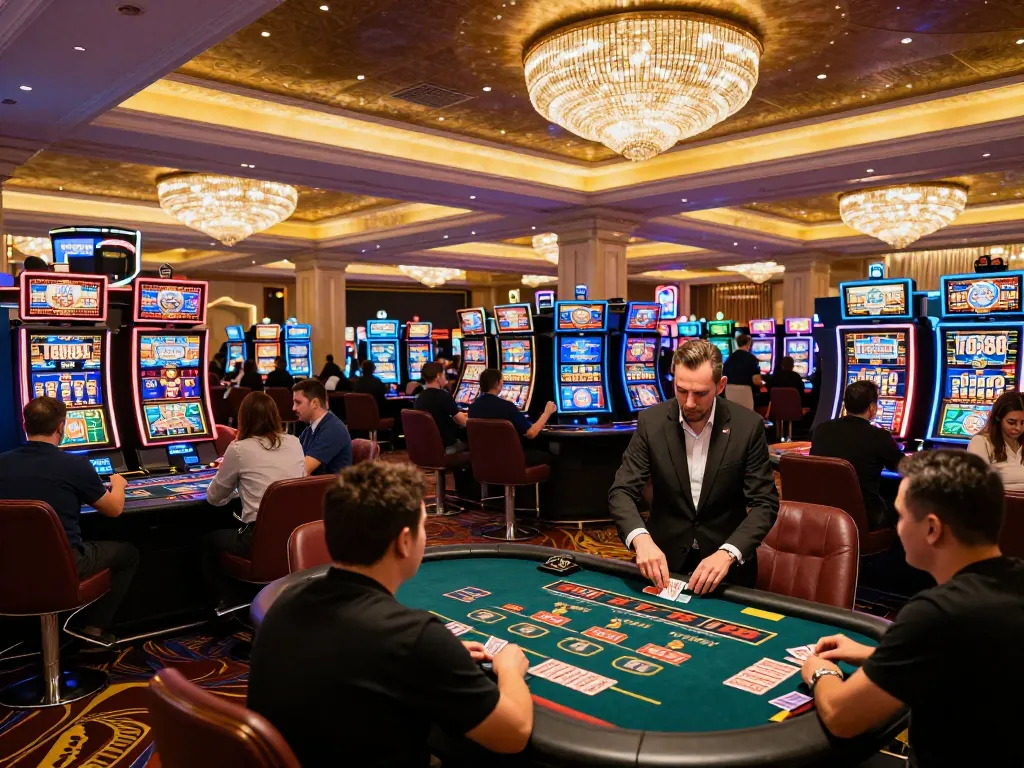 Players enjoying thrilling games at TG88 casino, illuminated with vibrant slot machines and engaging dealers.