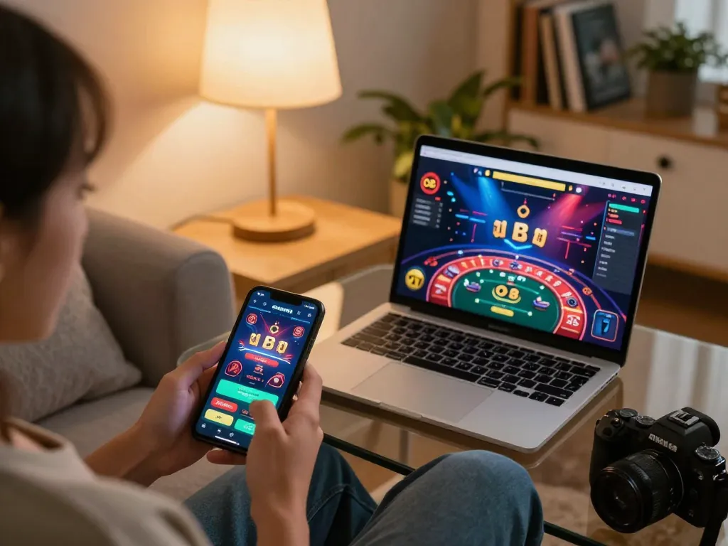 Player engaging with O8 casino app on smartphone in a cozy home gaming setup