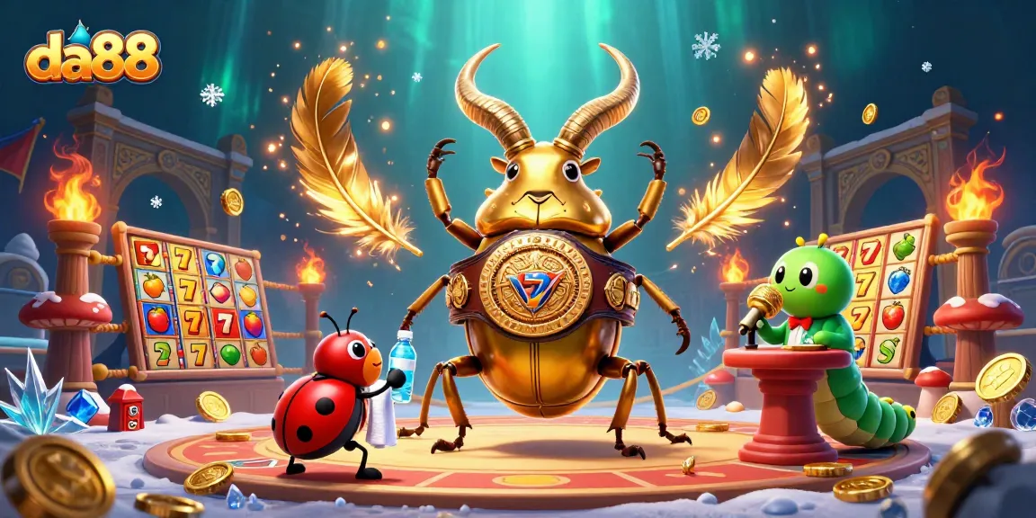 Engage with da88 slots as a giant beetle faces off, showcasing vibrant casino action in a dynamic arena.
