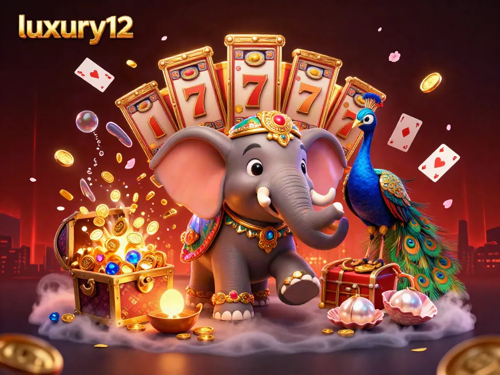 Experience luxury12 gaming with an exciting slot scene featuring a playful elephant and peacock amidst jackpots and treasures.