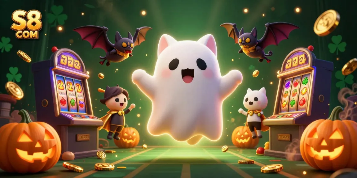 Engage with the thrilling atmosphere of S8 COM as the ghost cat and bat explore a haunted casino surrounded by slot elements.