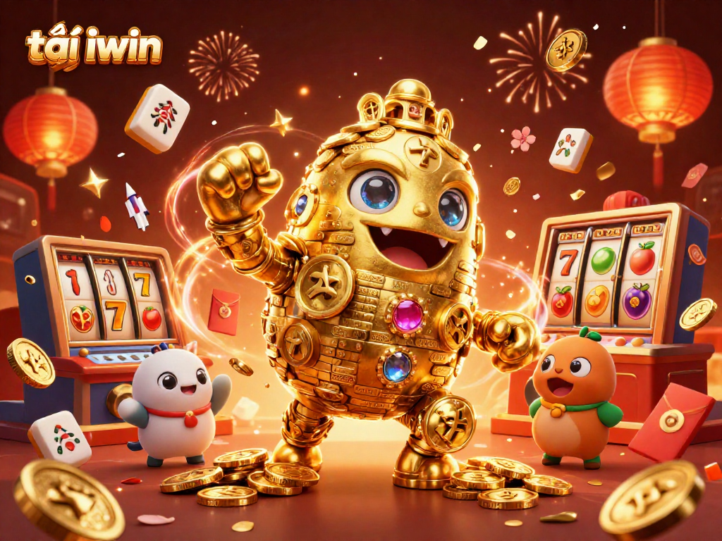 Experience the excitement of tải iwin with a dynamic scene featuring a golden golem and vibrant slot symbols.