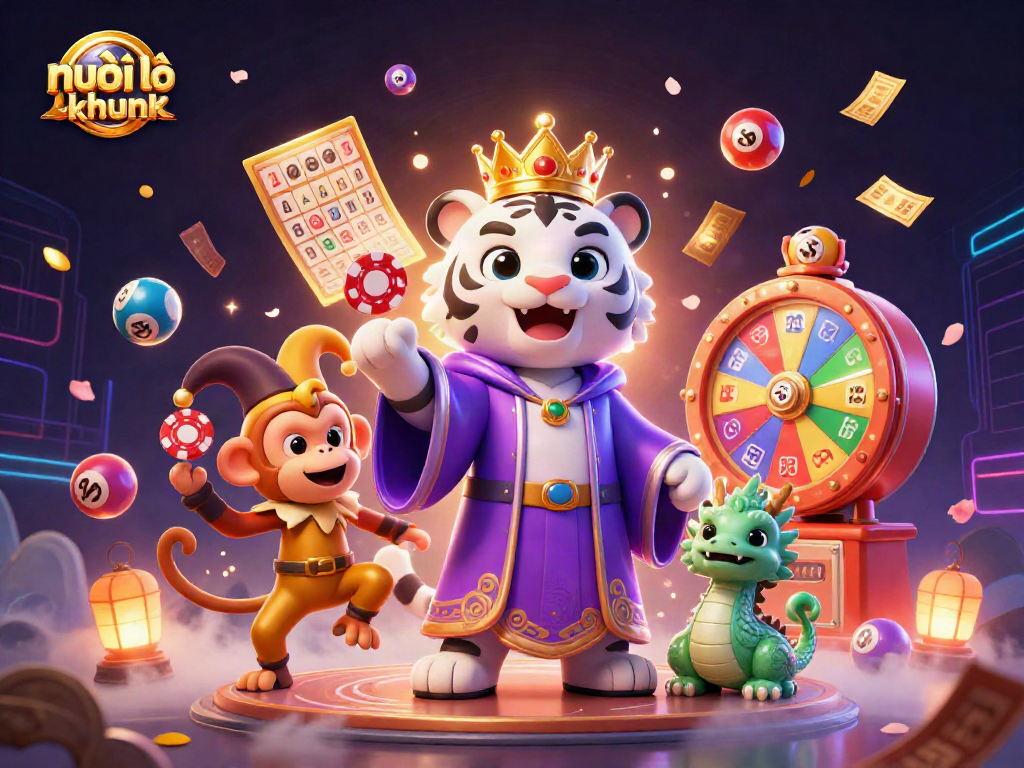 Engage in nuôi lô khung with an elegant tiger, monkey, and dragon in a vibrant lottery scene.