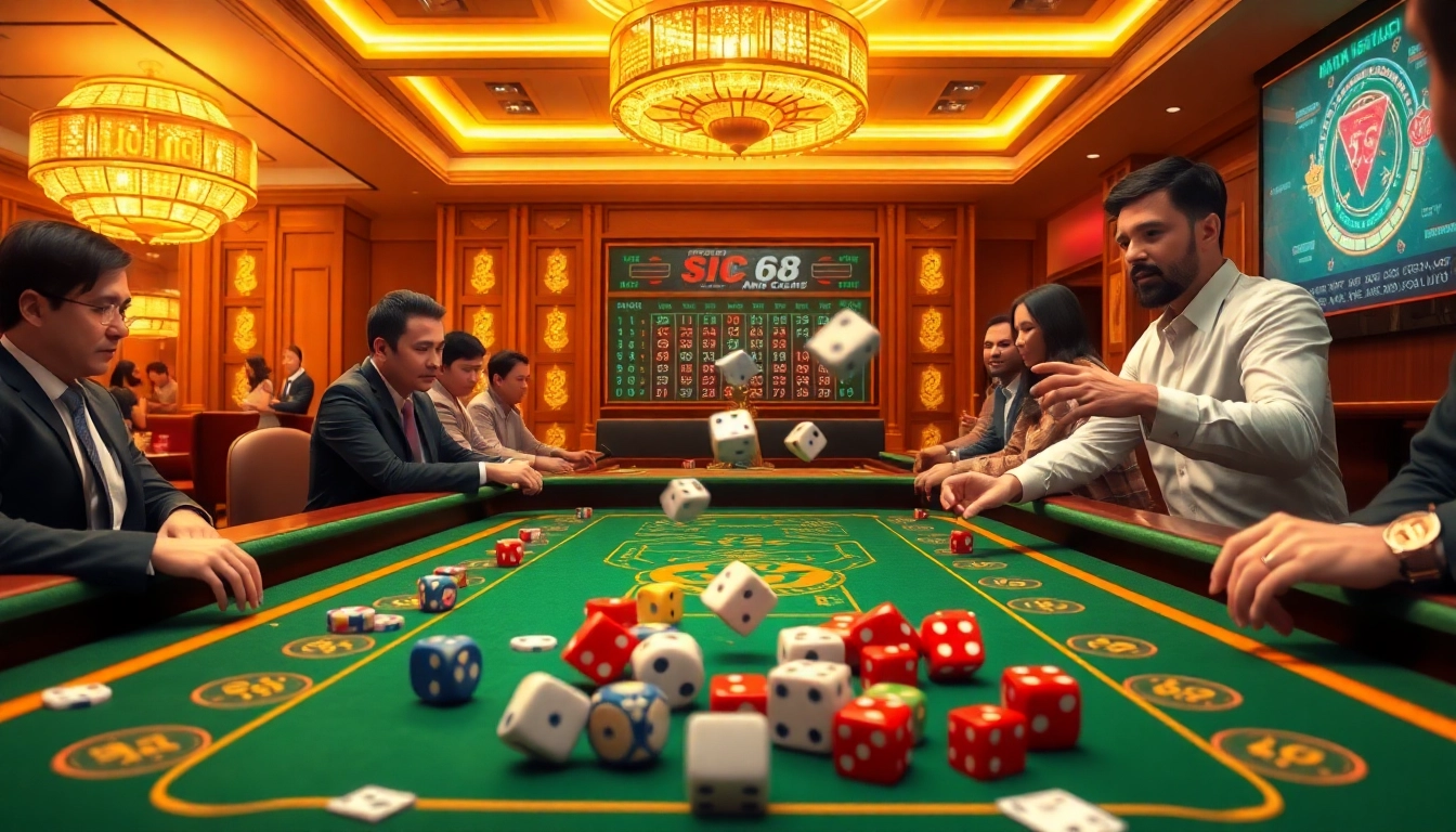 Sicbo 68 game bài in action with players and colorful dice at a vibrant casino table.