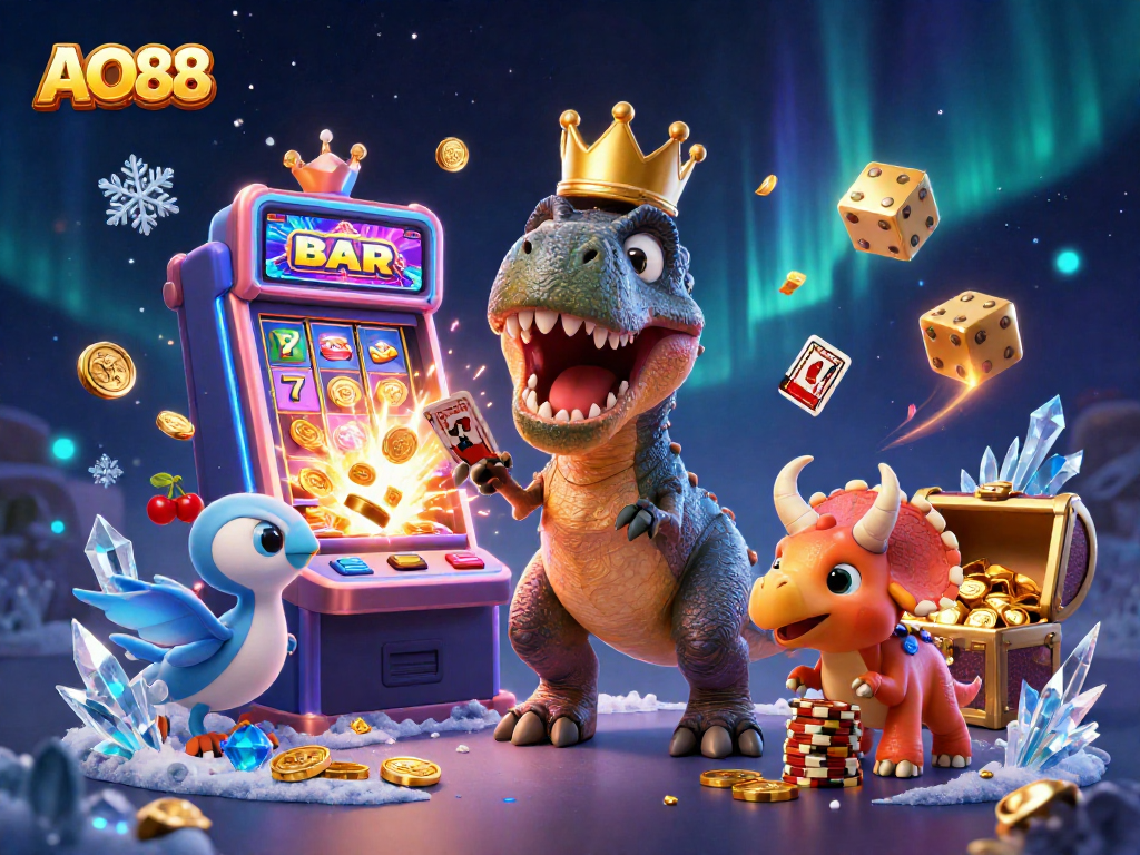 Engage in thrilling gambling with AO88 at the vibrant casino scene featuring exciting characters and game elements.