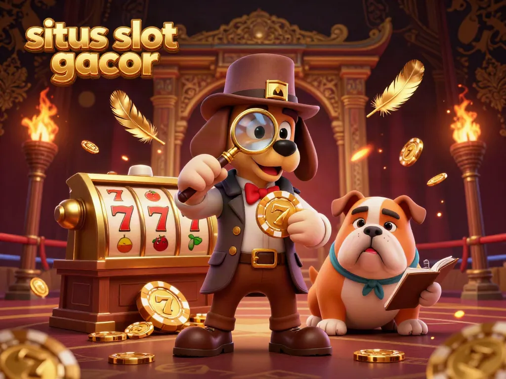 Engage with situs slot gacor through a vibrant 3D illustration showcasing a detective and bulldog amidst dynamic slot elements.