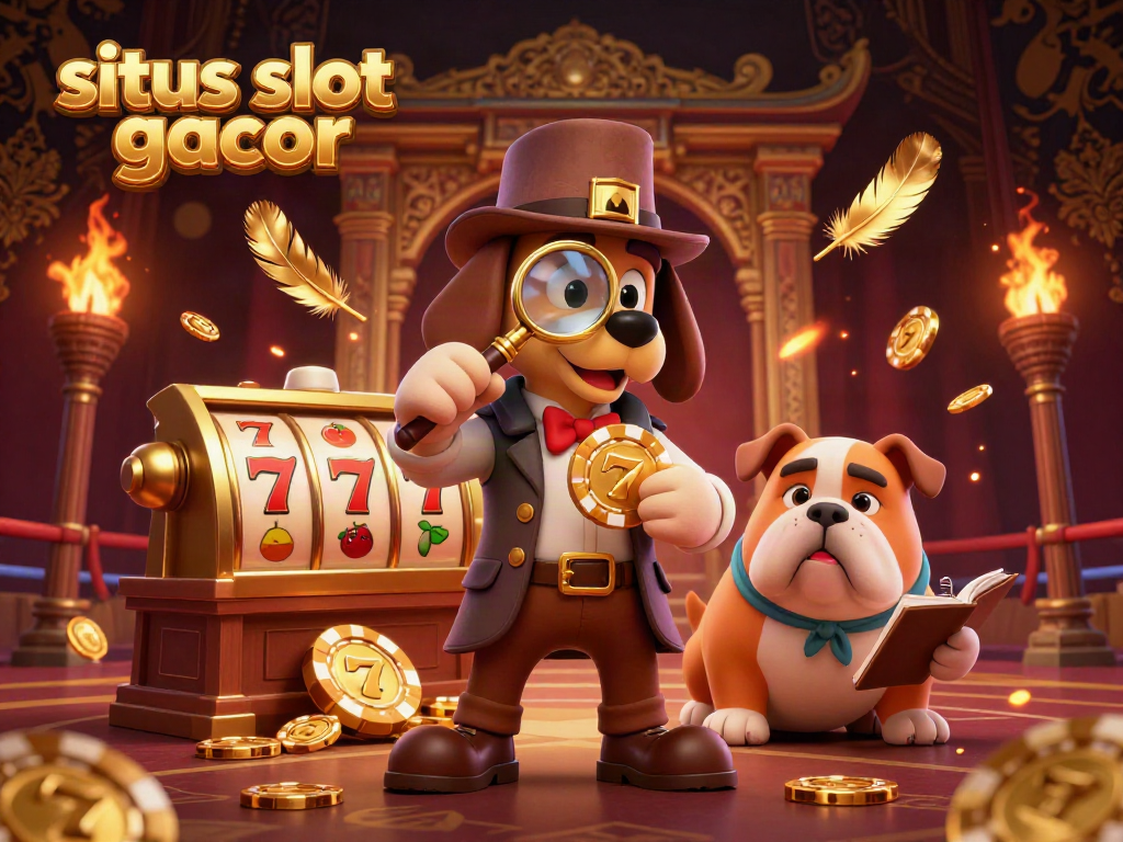 Engage with situs slot gacor through a vibrant 3D illustration showcasing a detective and bulldog amidst dynamic slot elements.