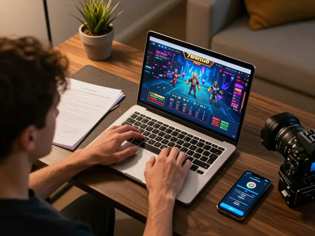 Player enjoying online gaming at 789club with casino interface shown on laptop screen, surrounded by strategic notes and smartphone