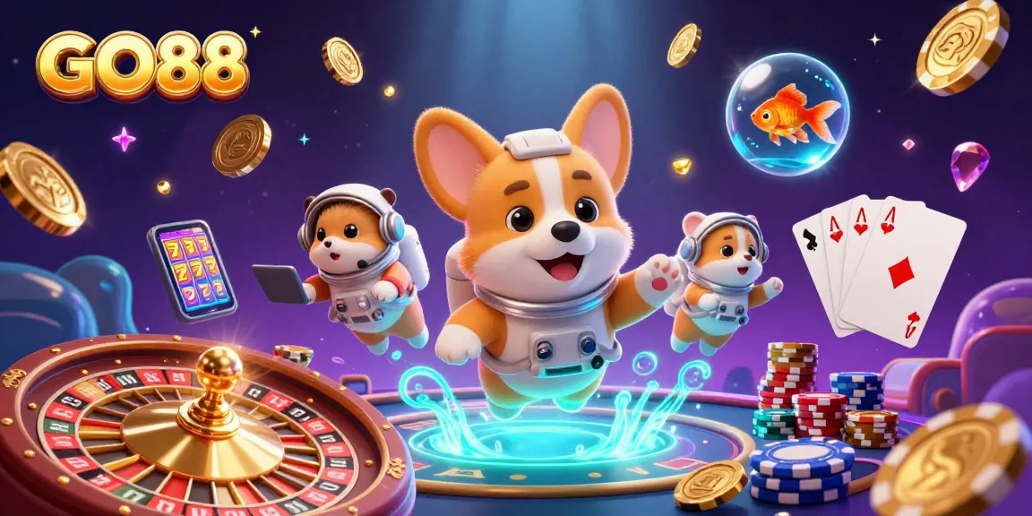 GO88's animated space casino scene shows a corgi astronaut enjoying games amidst floating coins and poker chips.