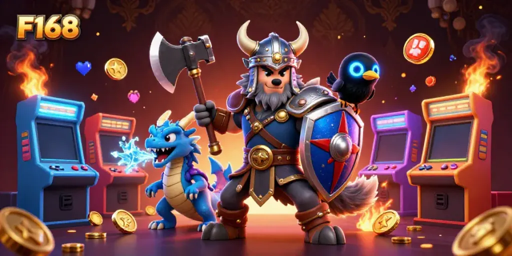 Experience F168's thrilling gaming adventure with unique characters and vibrant casino elements.