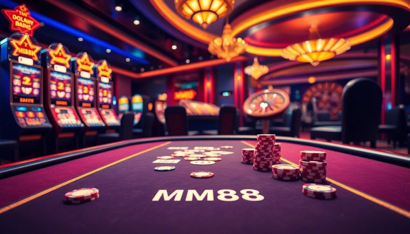 MM88 gaming table with poker chips and cards in a luxurious casino setting.