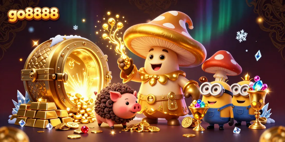 Join the excitement at go8888 with a vibrant casino scene featuring magical characters and treasures.