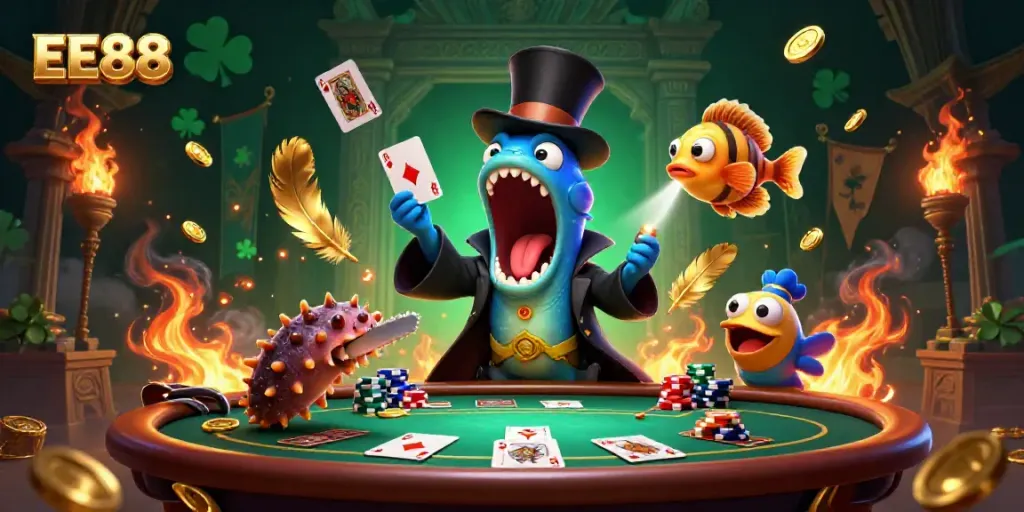EE88 card tricks performed by a deep-sea gulper eel, showcasing a vibrant casino theme.