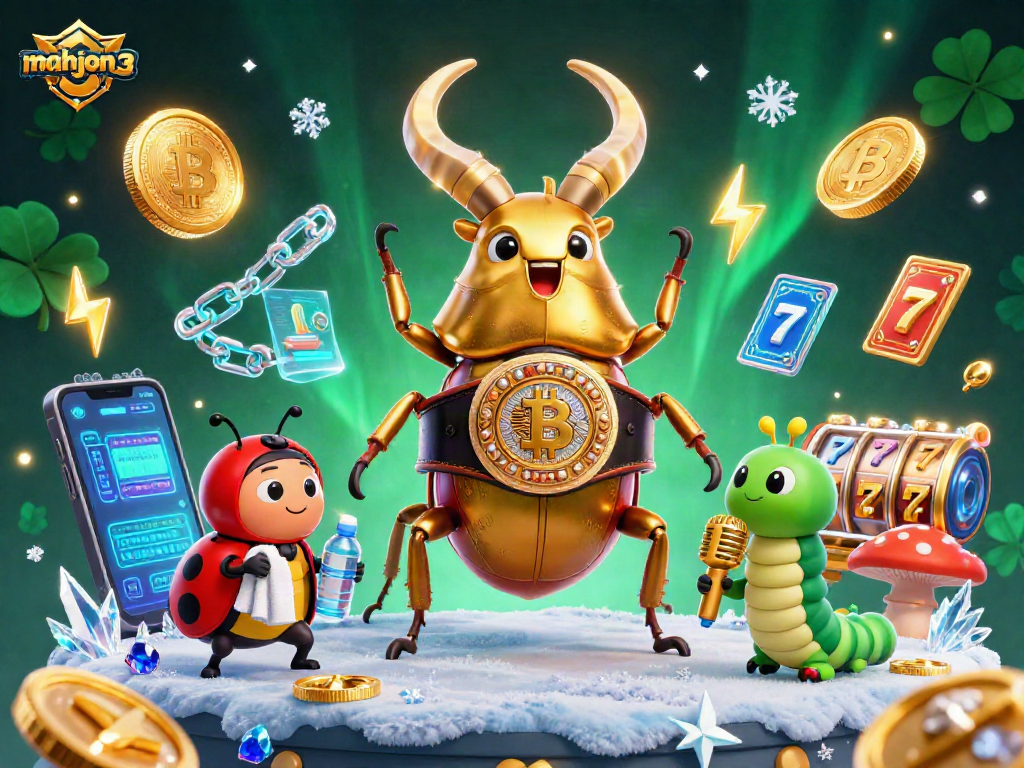 Engage with mahjong 3 in a vibrant casino scene featuring a boxing beetle and crypto elements.