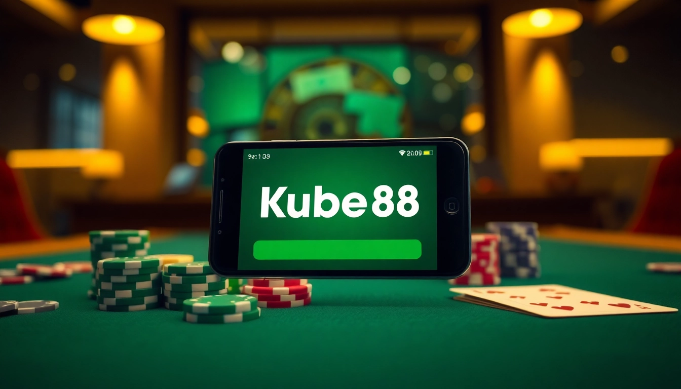 Tải game Kubet88 displayed on a smartphone with vibrant gaming elements in the background