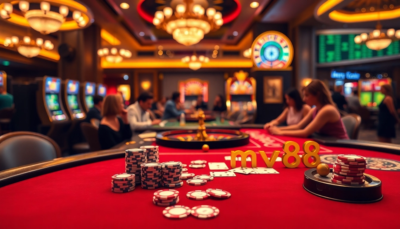 Experience thrilling gameplay at mv88 with vibrant casino tables, poker chips, and slot machines.