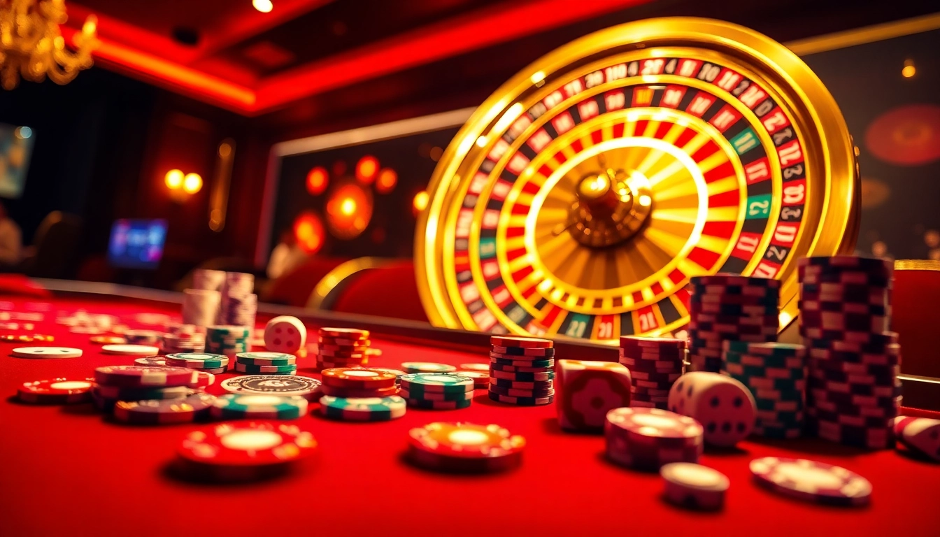 Experience thrilling gambling action at RR88 with vibrant poker chips and roulette wheel.