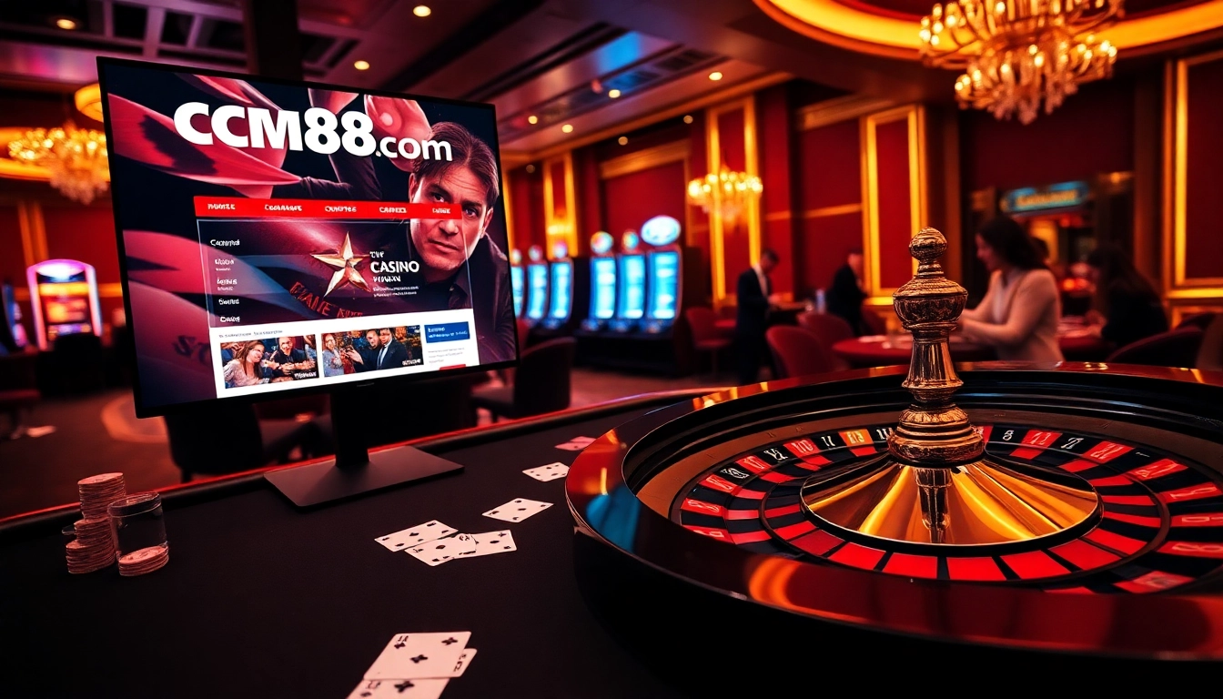 Exciting gambling action at cm88 com featuring poker chips, cards, and a roulette wheel.