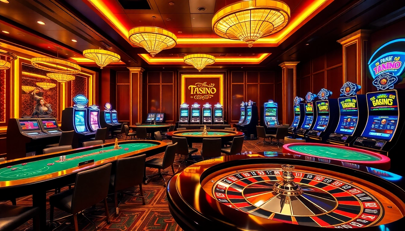 A lively online gambling scene at https://thabet.cx/, featuring poker tables, roulette wheels, and vibrant slot machines.
