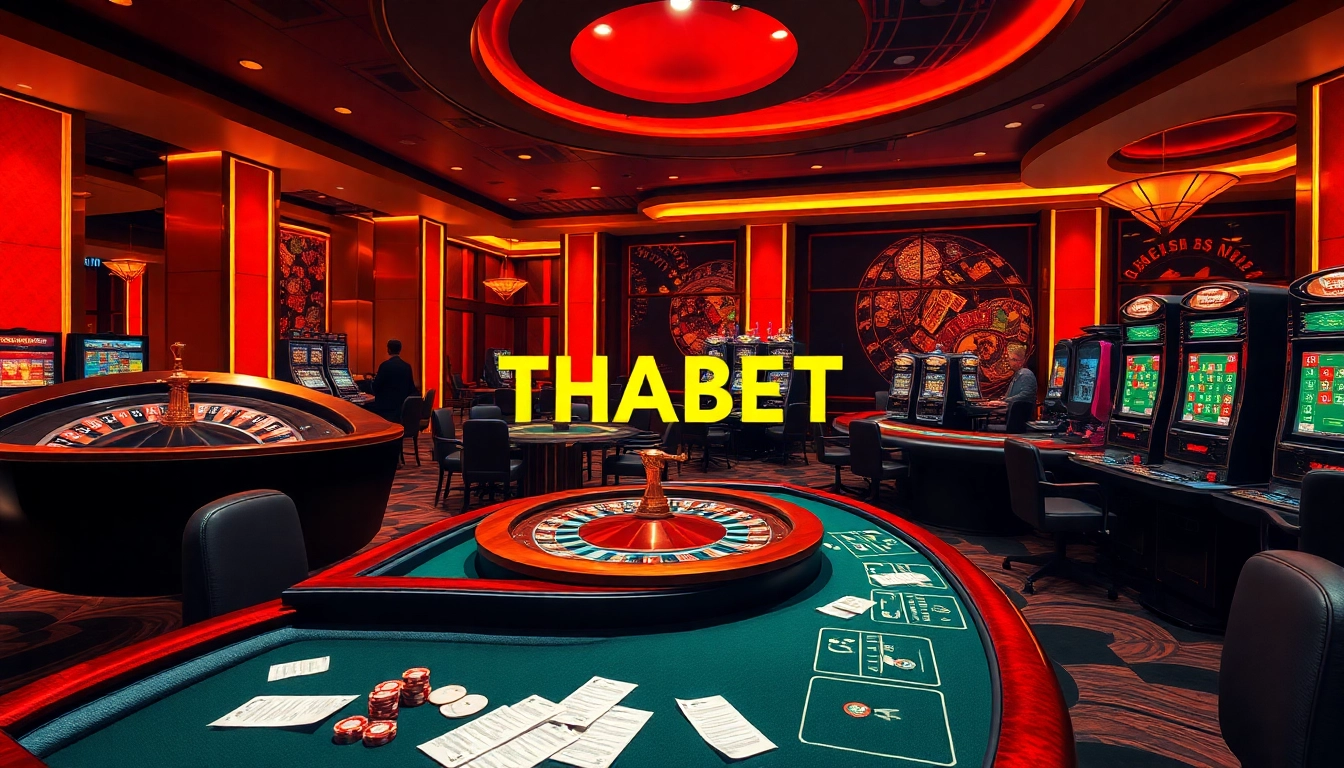 THABET offers a thrilling experience with a vibrant casino setting showcasing roulette and poker games.