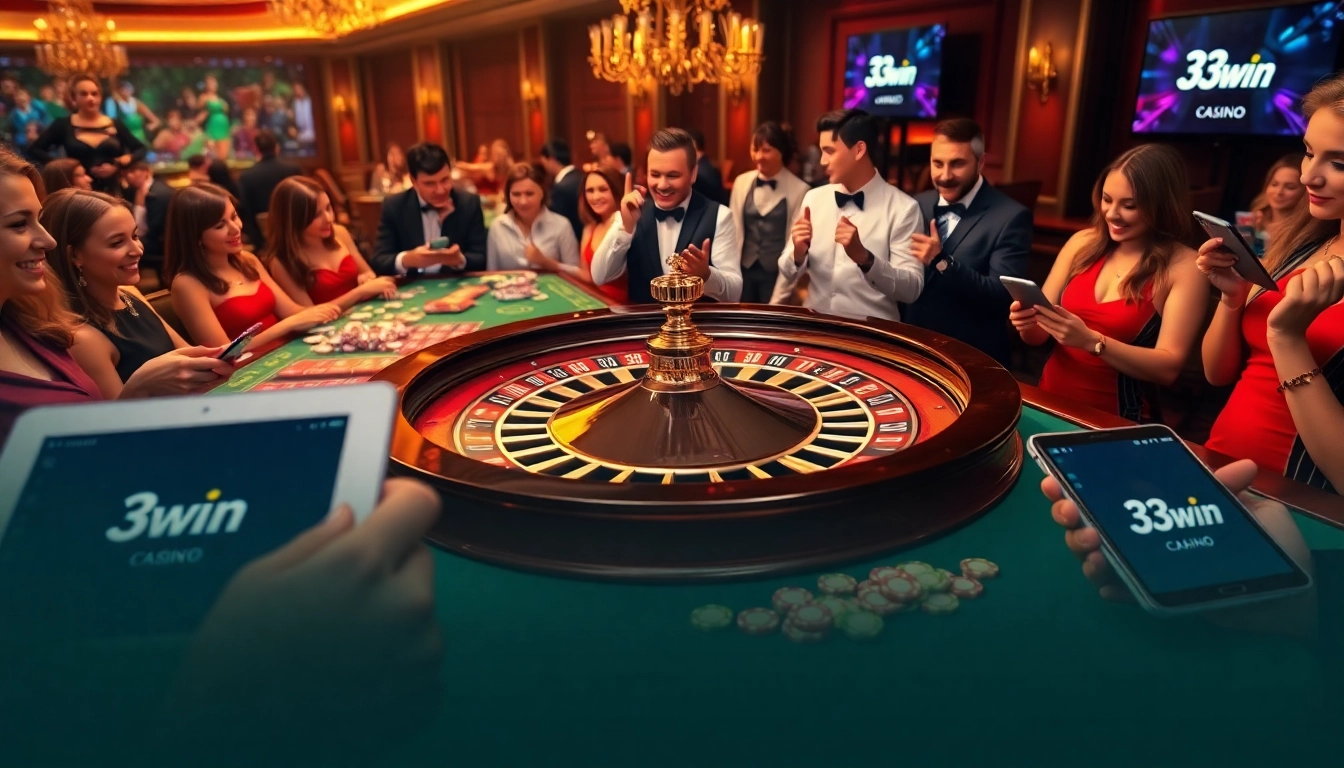 Players placing bets at a luxurious 33win casino roulette table with chips in action.
