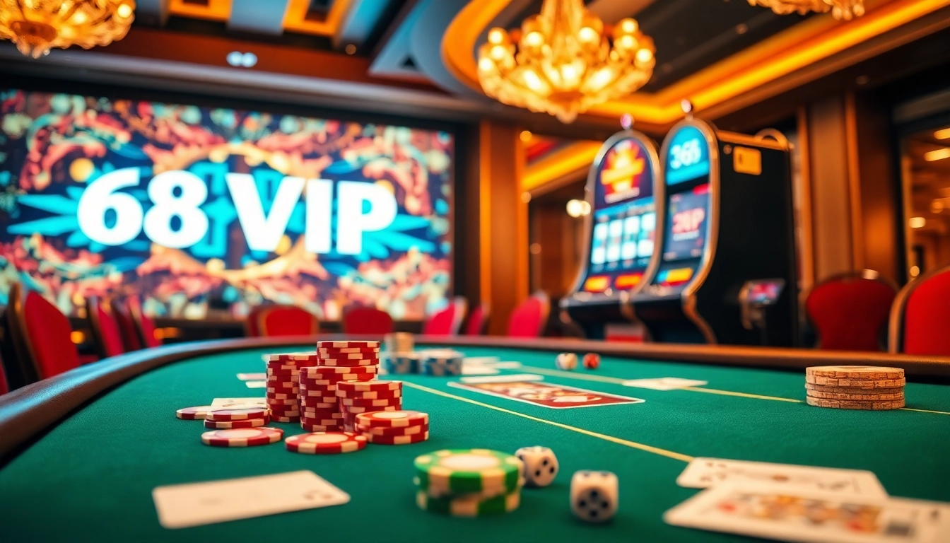 Engaging scene of 68VIP online casino with poker chips and vibrant slot machines.