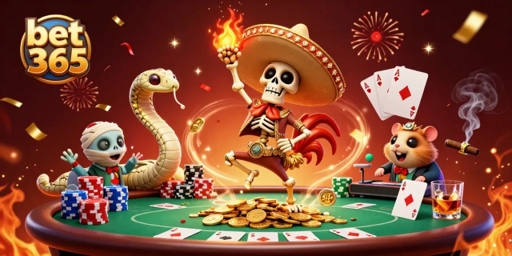 Experience the excitement of bet 365 with a vibrant casino scene featuring fun characters and poker elements.