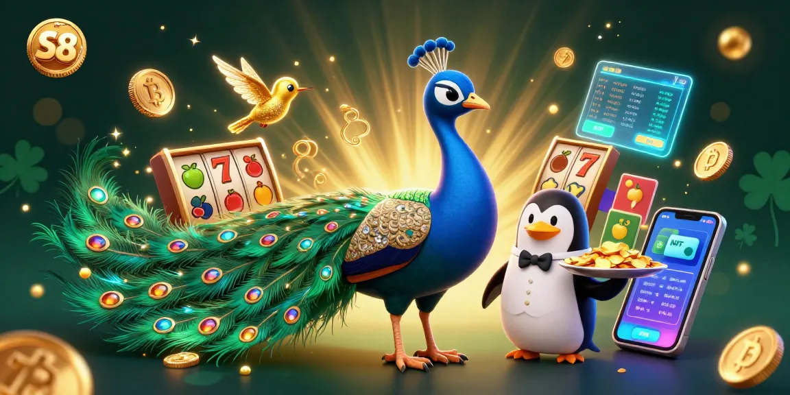 S8 introduces exhilarating slots with a vibrant peacock, butler, and hummingbird in a colorful casino scene.