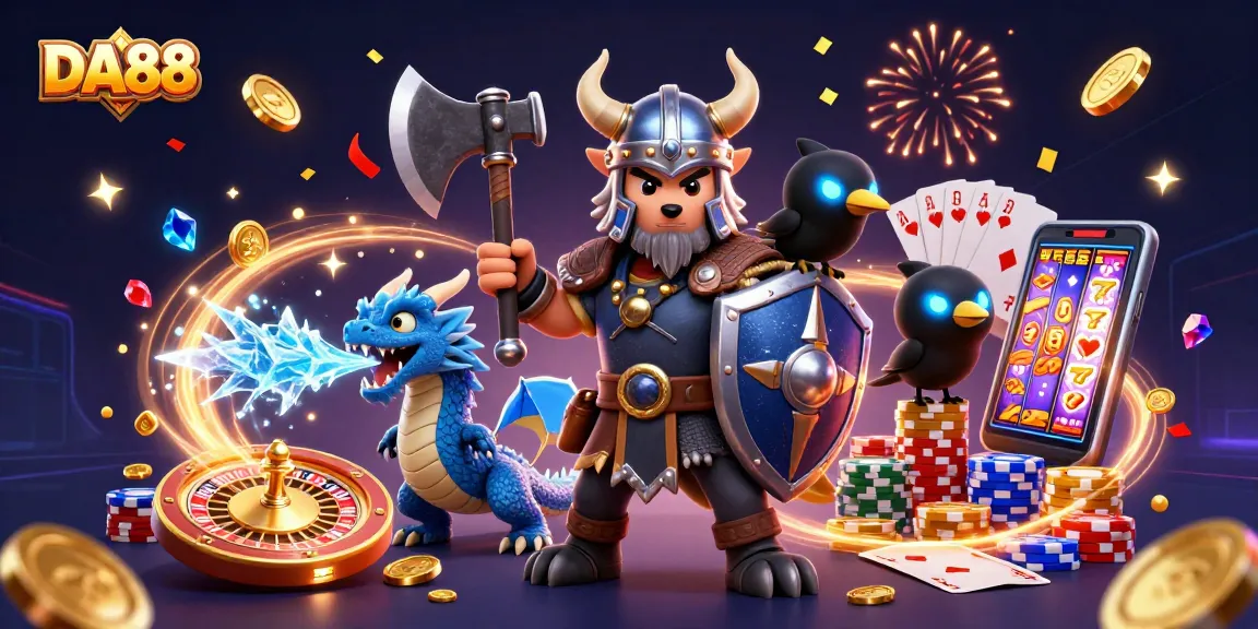 Experience thrilling gameplay at DA88 with Viking warriors, dragons, and vibrant casino elements.
