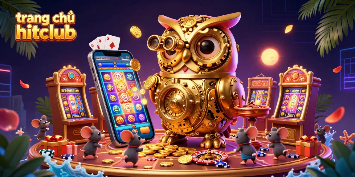 Engage in thrilling games at trang chủ hitclub: 3D illustration featuring a golden owl and vibrant casino elements.
