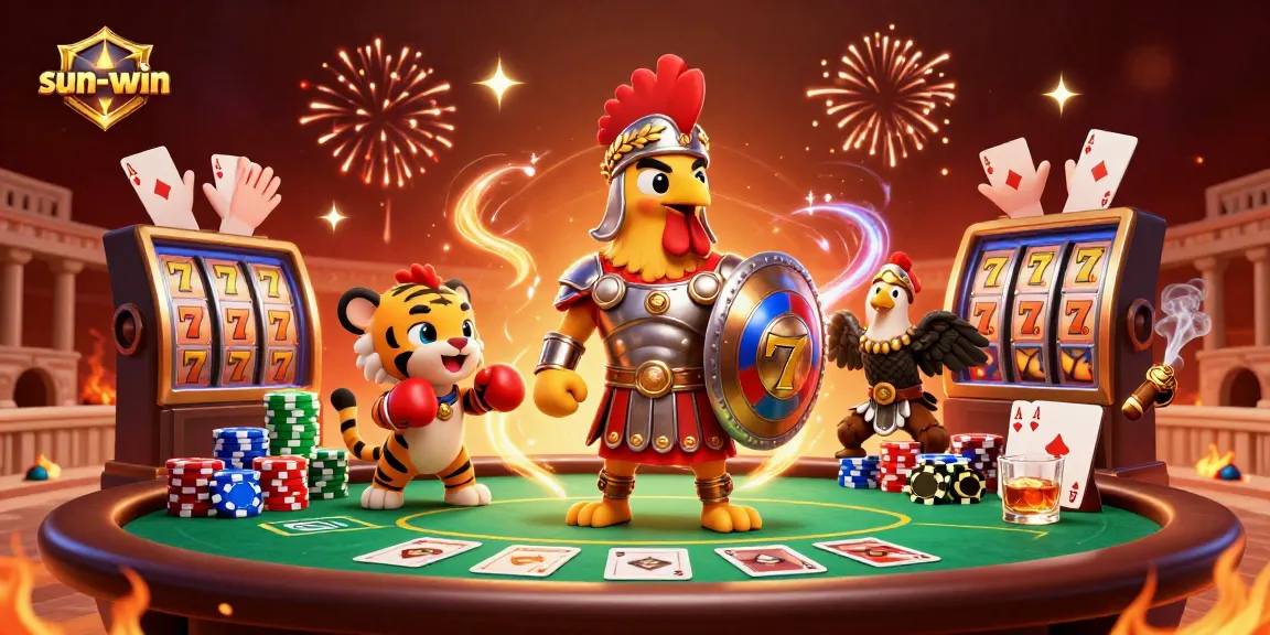 Experience the thrill of sun-win with a dynamic 3D scene showcasing a gladiator rooster and vibrant poker elements.