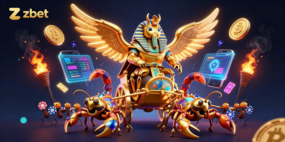 Experience excitement with zbet's elite gaming featuring a colossal scarab beetle and vibrant casino elements.