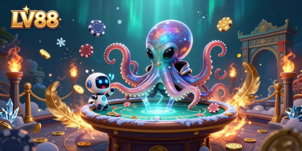 Experience thrilling gaming with LV88 at a holographic poker table, surrounded by vibrant cosmic elements.