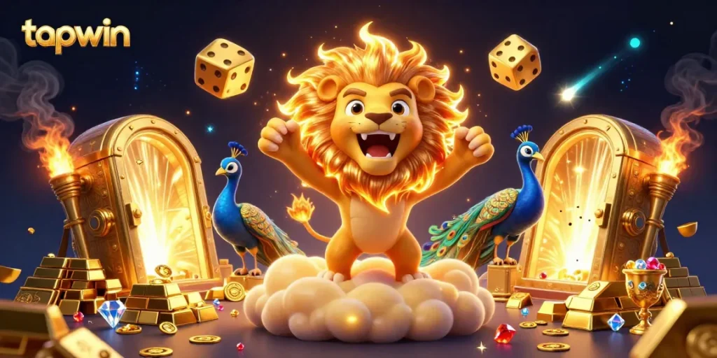Tapwin captures thrilling online gameplay with a roaring sun lion and cascading golden elements