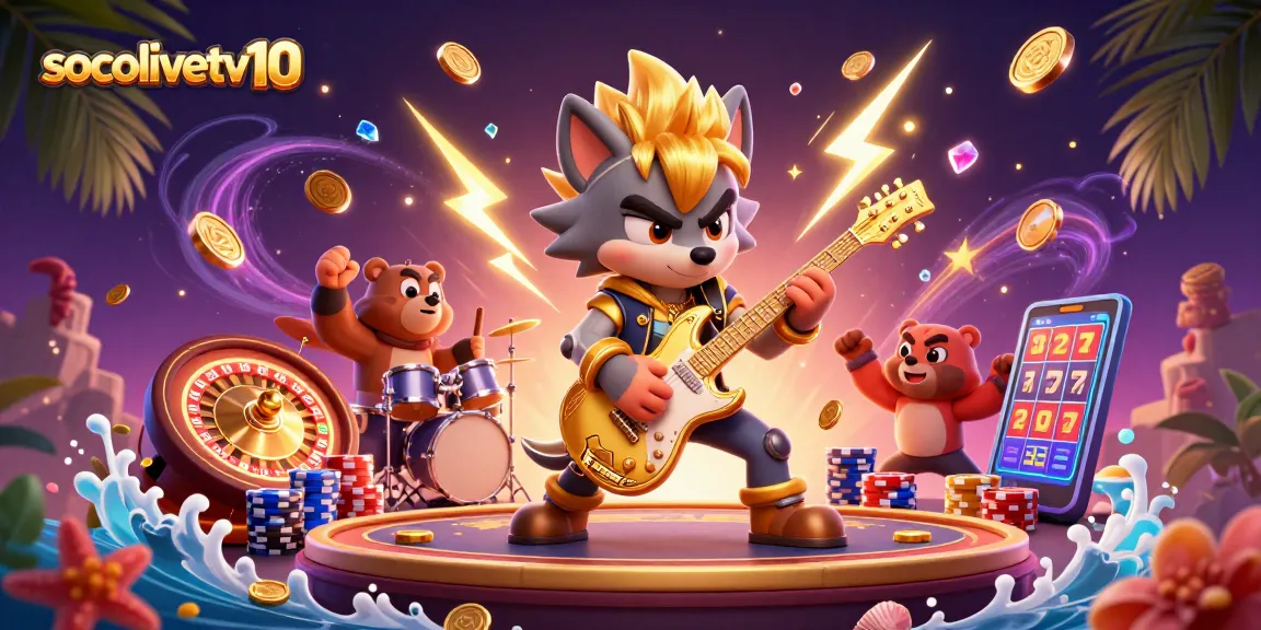 Socolivetv10 delivers epic casino action with a vibrant cartoon wolf and bear in a packed gaming scene.