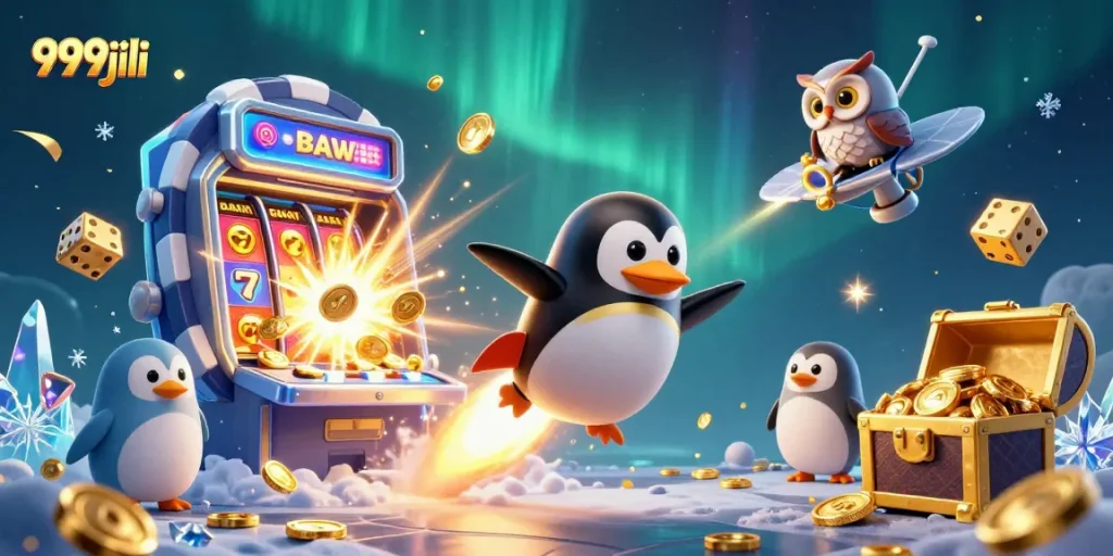 Experience thrilling 999jili action as the golden penguin rockets towards a colorful slot machine explosion.