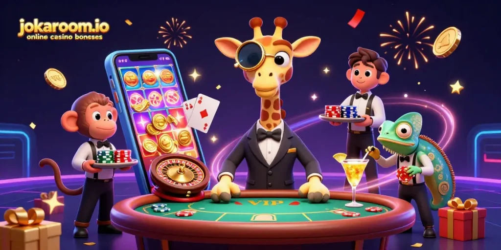 Engaging scene showcasing jokaroom.io online casino bonuses with a giraffe, monkey, and chameleon in a vibrant casino setting.