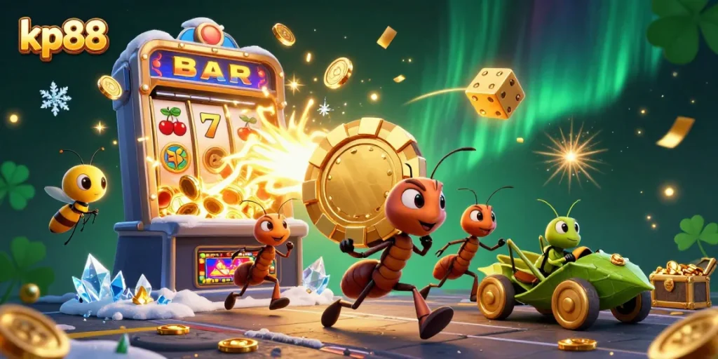 Engage in thrilling gameplay at kp88 with a whimsical illustration of ants heisting a golden poker chip amidst exploding jackpots and vibrant casino elements.