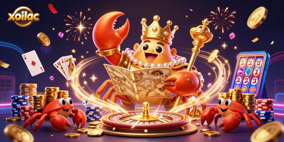 Xoilac gaming experience showcasing a golden crab emperor and vibrant casino elements.